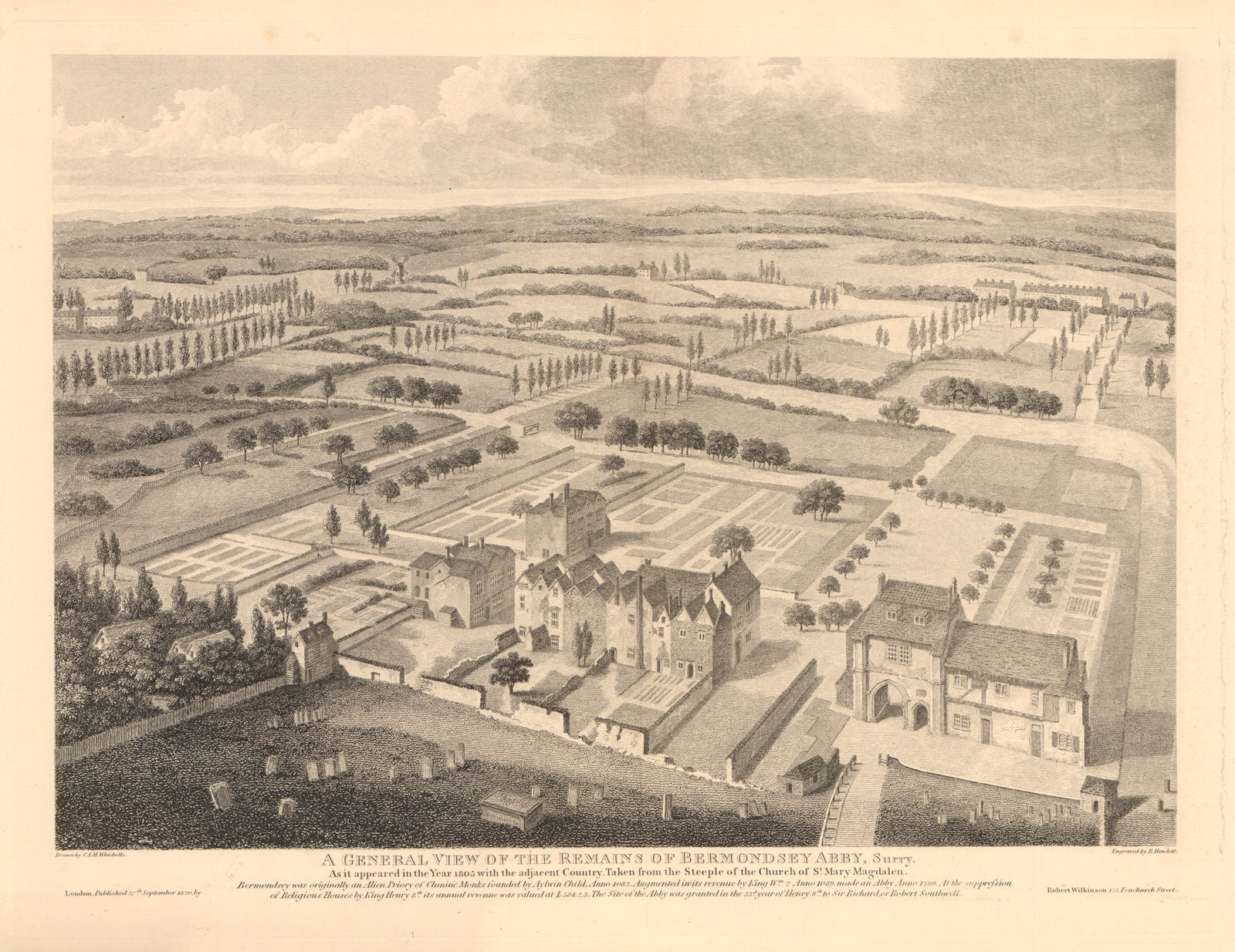 BERMONDSEY ABBEY in 1805. On the site of Bermondsey Square/Market 1834 print